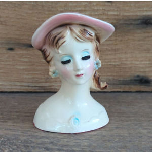 Vintage 3.5" Ceramic Lady Head Vase Once Red Dress Missing Earrings & Necklace